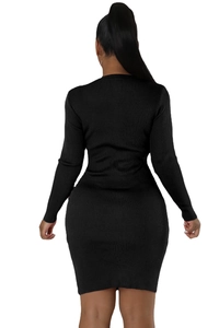 Back view of a slim fit black ribbed knit dress with long sleeves and crew neck