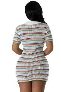 Detailed view of striped knit fabric texture on this slim fit bodycon mini dress