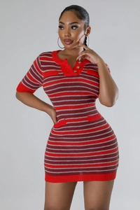 Close-up of short sleeve knit dress featuring red and grey stripes with button collar