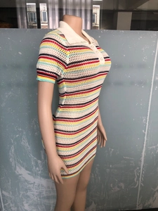 Detail of multi-color striped knit dress showing polo collar and hollow texture