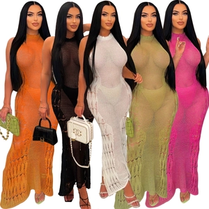 Robe Longue Sexy en Coton et Lin pour Femmes Crochet Ajouré Dos Nu Col Halter Cache-Maillot de Plage Vacances Été