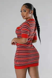 Detail view of the red and grey striped knit texture on this slim fit mini dress