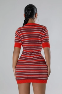 Slim-fit short sleeve knit dress featuring red and brown stripes viewed from the back