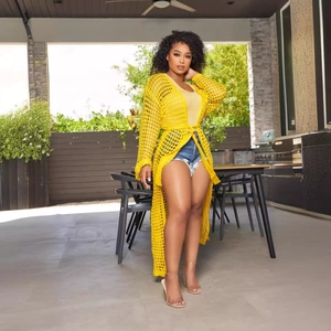 Vibrant yellow crochet knit cover-up dress with lace-up waist for beach vacation