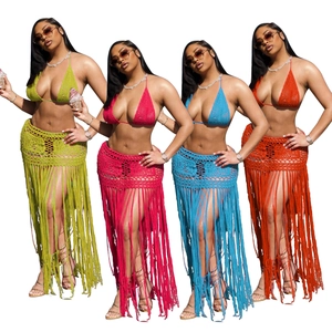 Women Crochet Bikini Top And Fringe Skirt Bohemian Beach Cover Up Knitted Swimwear Top And Bottom For Summer Vacation