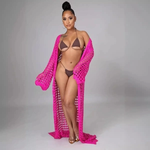 Women's 3-piece swimwear set with brown bikini and hot pink crochet knit cover-up