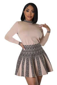 Detail view of beige knit dress with black Greek key patterns on collar and pleated skirt