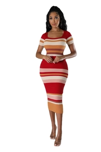 Gros plan sur la texture en tricot rayé coloré de cette robe moulante ajustée