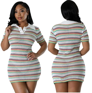 Women Casual Colorful Stripe Knitted Dress Polo Collar Short Sleeve Slim Fit Mini Crochet Dress Summer Beach Wear Fashion