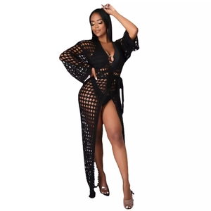 Women's black crochet knit beach cover-up maxi dress with metal ring and waist tie