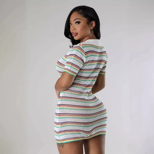 Slim fit short sleeve knitted mini dress with colorful horizontal stripes for women