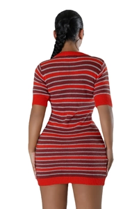 Rear view of slim fit knit mini dress featuring red brown and white horizontal stripes