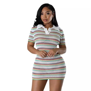 Slim fit knitted mini dress with colorful horizontal stripes and a white polo collar