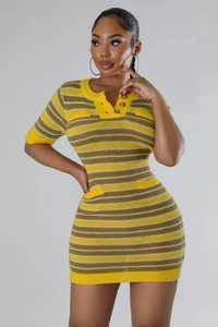 Close-up of knit mini dress with yellow, green and white stripes and buttoned neck