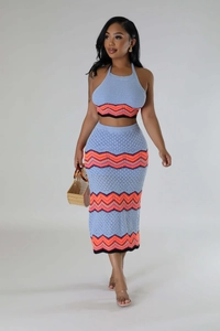 Close-up of wavy knit texture and hollow-out mesh on this blue two-piece summer set