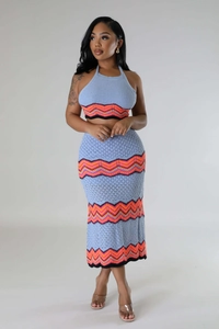 Detailed knit texture of chevron pattern halter top and midi skirt set in light blue
