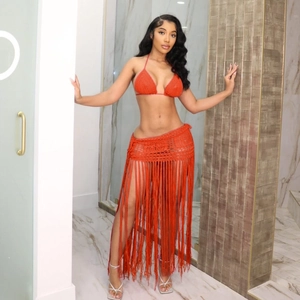 Handmade orange crochet bikini set with long tassel beach skirt for women