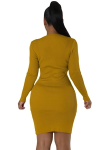 Detail view of mustard yellow bodycon knit dress back silhouette with ribbed texture