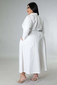 Side view of white plus size long sleeve dress with elastic waist and pockets