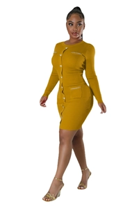 Detail of ginger long sleeve knit dress with metal buttons and gold chain pockets