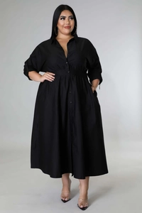 Detail of a black plus size long sleeve shirt dress with buttons and flared A-line skirt
