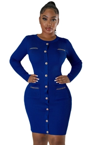 Royal blue ribbed knit dress featuring gold decorative buttons and metal chain accents