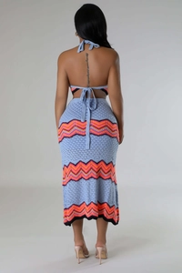 Rear view of knit halter top and long skirt set with colorful zigzag wave patterns