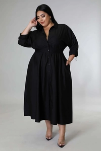 Detail of plus size black long sleeve maxi shirt dress with waist pleats and buttons