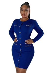 Detail of royal blue ribbed knit dress with gold buttons and chain pocket accents