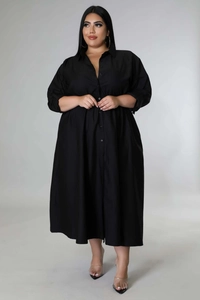 Detail of plus size black button-down maxi shirt dress with collar and long sleeves