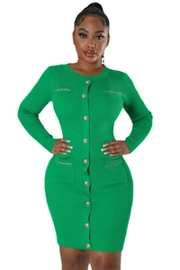 Detail of green ribbed knit dress featuring gold buttons and decorative gold chains