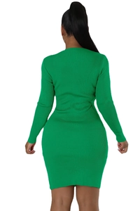 Back view of a bright green ribbed knit bodycon dress with a slim fit silhouette