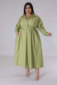 Detail of sage green plus size shirt dress featuring long sleeves and functional side pockets