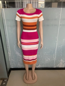 Vue détaillée de la robe en maille à rayures multicolores avec manches courtes et coupe ajustée