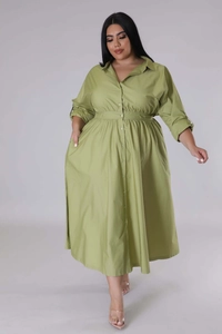 Detail of plus size olive green shirt dress with button-down front and pleated waistline