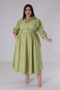 Detailed view of olive green plus size long sleeve shirt dress with button-up collar design