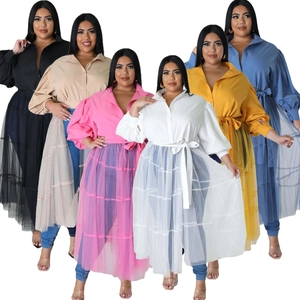 Plus Size Women Stand Collar Puff Sleeve Mesh Stitching Maxi Dress With Sash Elegant Solid Color Long Party Evening Dress