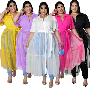 Detail showing multi-color plus size chiffon shirts with mesh splicing and waist ties
