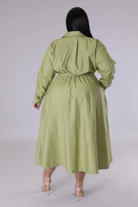 Rear view of an olive green plus size long sleeve shirt dress with elastic waist