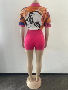Back view of a knit two-piece set featuring a cartoon girl jacquard pattern on the top