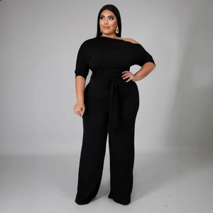 Tuta Donna Plus Size Monospalla a Gamba Larga Elegante Tinta Unita Romper Senza Spalline Con Cintura Casual Pantaloni Lunghi
