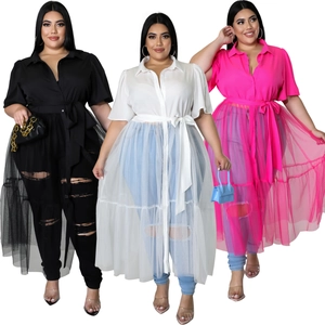Detail of plus size mesh tunic shirts with waist tie in black, white and rose red colors