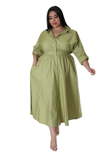 Detail of plus size olive green shirt dress with button-down collar and pleated waist