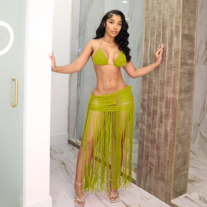 Grass green handmade crochet three-piece bikini set with long fringe skirt for beachwear