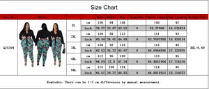 Detailed size chart for plus size women's floral printed trousers and lace-up top set