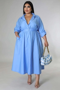 Close-up of light blue plus size shirt dress with button placket and cinched waist