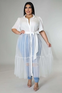 Detail of plus size white shirt dress with pleated mesh hem and waist ribbon tie