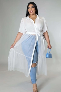 Detail view of plus size white chiffon top with pleated mesh hem and waist tie design