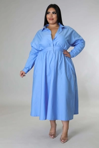 Detail of light blue long sleeve plus size shirt dress with button-down waist pleats