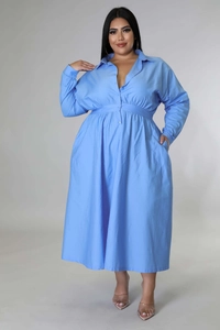 Detail view of sky blue plus size shirt dress with cinched waist and button-up collar